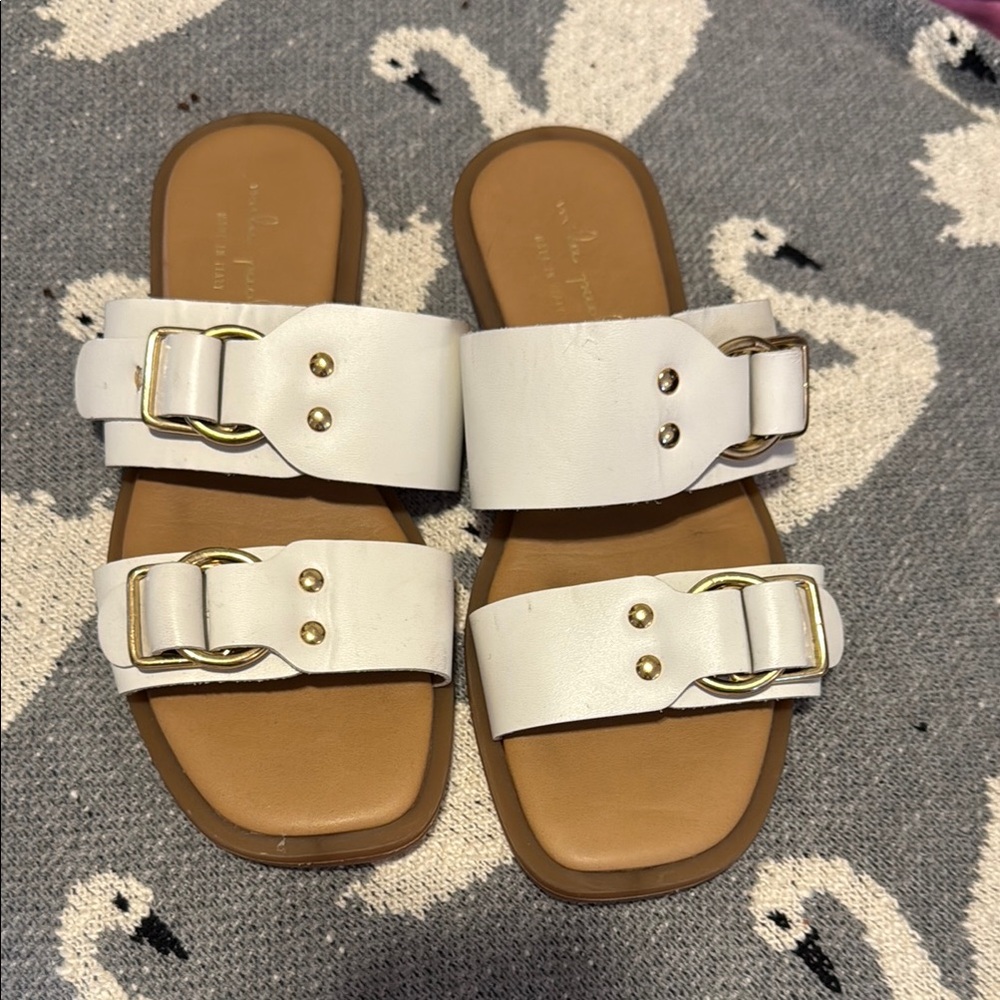 Mila Paoli White Sandals with Gold Buckles